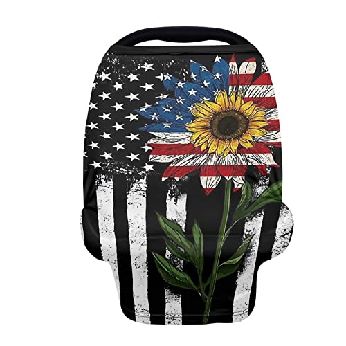 Image of ZFRXIGN American Flag Car Seat Covers for Babies Sunflower Nursing Cover for Breastfeeding, Baby Carseat Canopy for Boys Girls, Infant Shopping Cart/High Chair/Stroller Covers Patriotic Theme