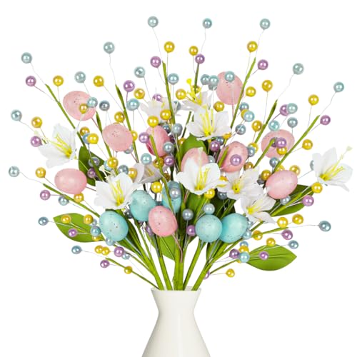 6PCS Easter Decorations Eggs Picks Spring Artificial Floral Stems with Beads Decor for Home Vase Filler Table Centerpiece