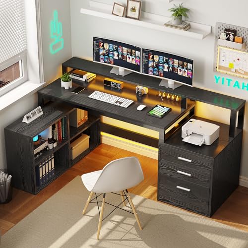 YITAHOME L Shaped Desk with 3 Drawers, 65" Corner Computer Desk with Power Outlets & LED Lights, L-Shaped Desk with File Cabinet & Printer Stand for Home Office, White & Oak