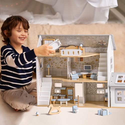 Robud RB-WDH14 Wooden Dollhouse, Modern Vintage Farm Dollhouse thumb #3