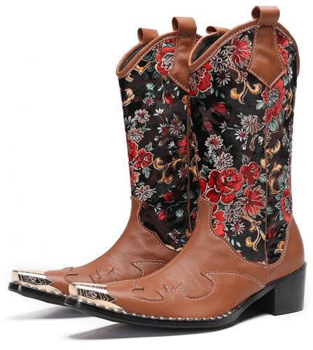 Santimon Men's Western Cowboy Boots | Genuine Leather Wingtip Motorcycle Boots with Embroidery | Pull-On High-Top Dress Boots for Tuxedo/Ballroom/Casual | Vintage Dress Hybrid Style