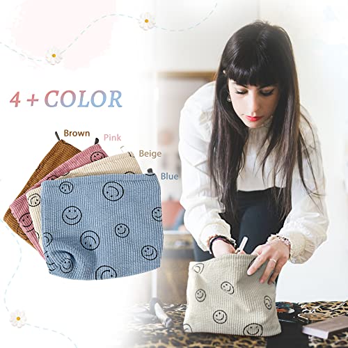 Beekbing Smiley Face Corduroy Makeup Bag With Canvas Lining - Zipper Closure Cosmetic Bags For Women,Beige #TOP3