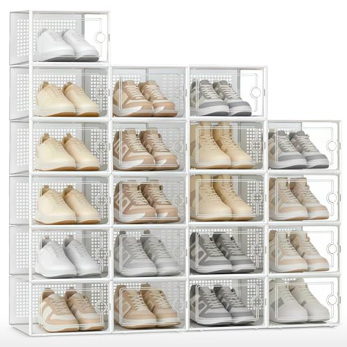 JUPPLIES Cajas de Zapatos Transparentes   Zapatero Plastico Apilable con Apertura Frontal, Ventilación y Sistema Antivuelco, Organizador de Zapatos con Montaje Fácil sin Herramientas (Pack de 20)