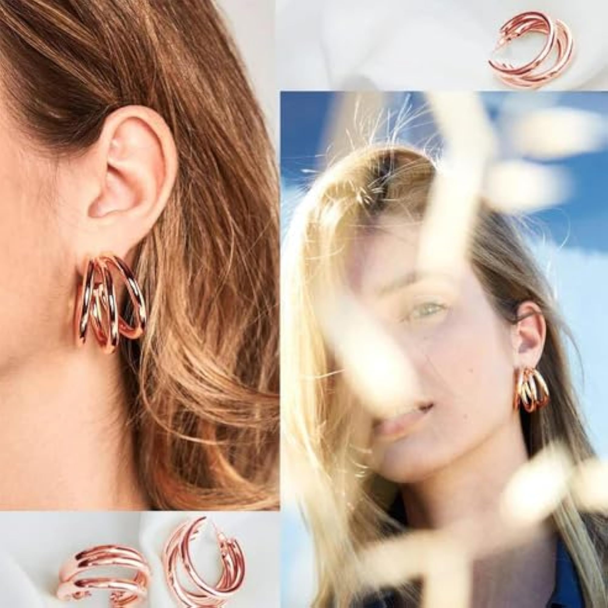 Women's Gold Plated Chunky Triple Hoop Earrings Set