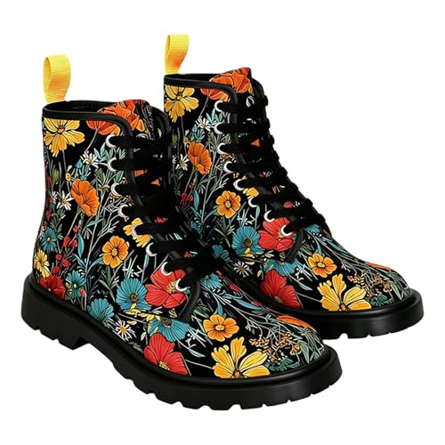 Jemnpela Bottines de Combat Imprimé Floral pour Femmes à Lacets Plateforme Talon Bloc Bout Rond Bottines à Motif Fleuri pour Femmes Marche Voyage Shopping...