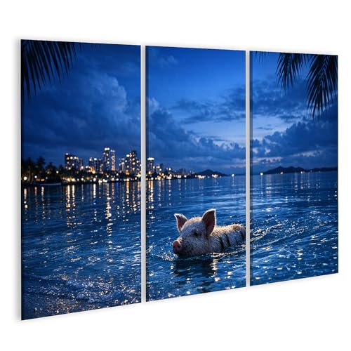 Tableau sur toile lagon des Caraïbes cochon flottant nuit déco murale