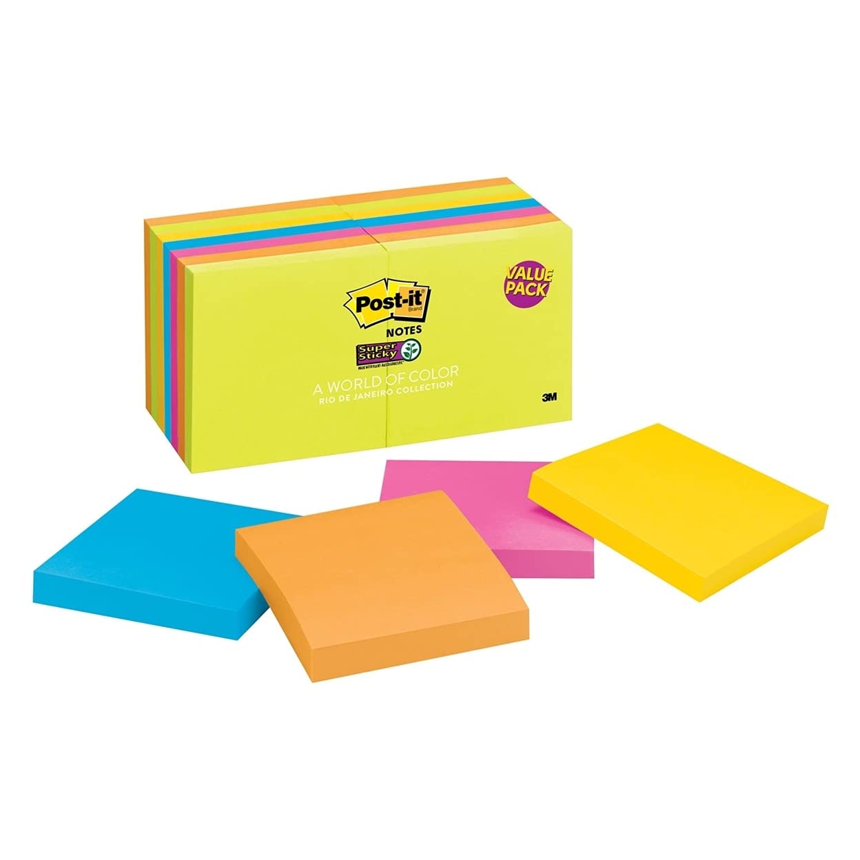 Post-it Notes Super Sticky - Rio De Janeiro Colors 3 x 3, 90/Pad - 14 Pads/Pack