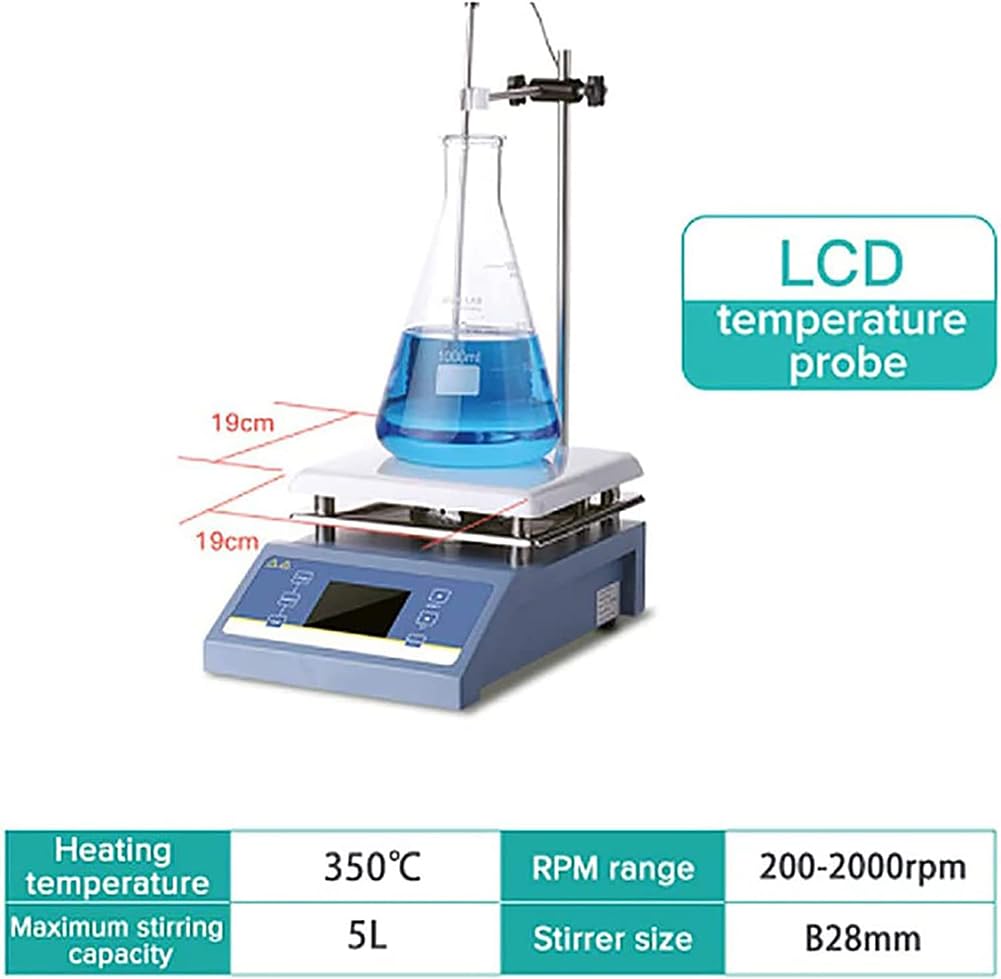 Placa caliente agitadora magnética con calefacción, capacidad de 5000 ml, velocidad de 200-2000 rpm, pantalla LED, sensor de temperatura, ideal para calefacción y agitación de laboratorio