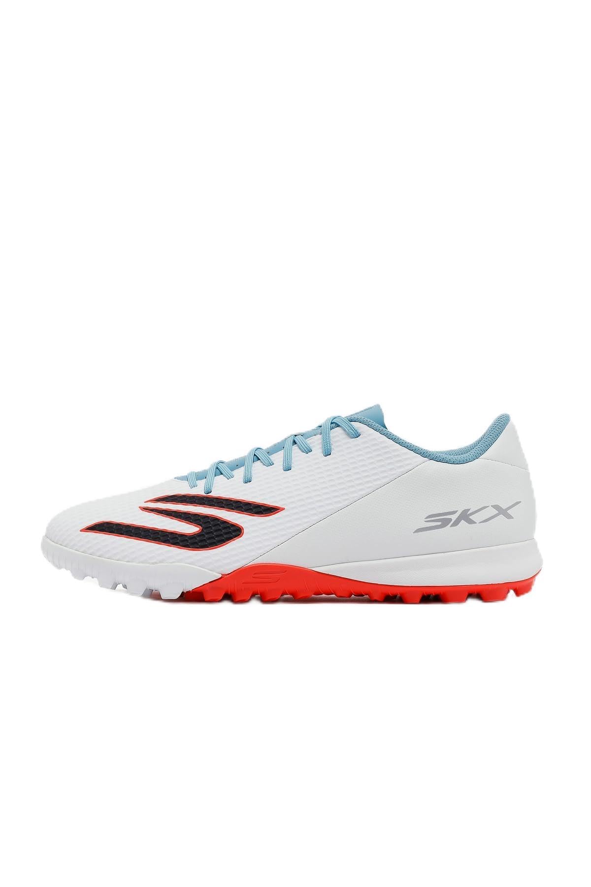 Skechers SKX_2 Academy TF Turf Football Boots for Men-Lightweight, Precise Control Shoe, White Synthetic/Turquoise Synthetic/Pink Tri, 9.5 UK