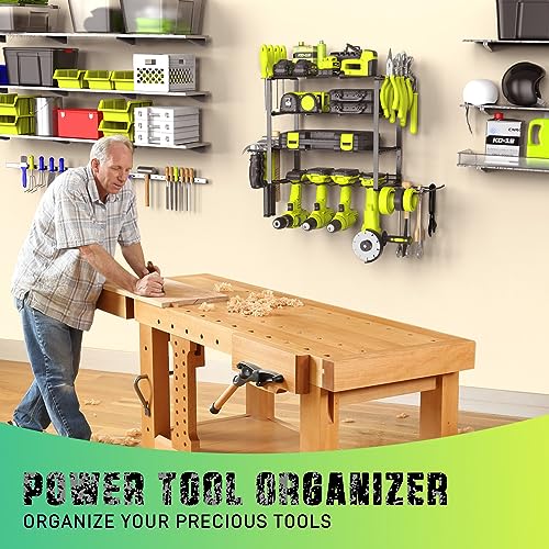 Image of SUNALLY Power Tool Organizer, 4 Drill Holder Wall Mount, Garage Tool Organizer and Storage with Screwdriver Holder, Garage Organization, 4 Layer Cordless Drill Holder with Hammer Holder