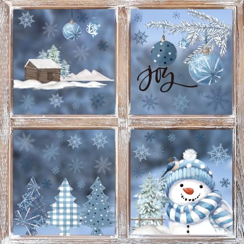 Horaldaily 65 PCS Christmas Window Cling Sticker, Blue Xmas Ball Ornaments Trees Snowman for Home Party Supplies Shop Window Glass Display Decoration