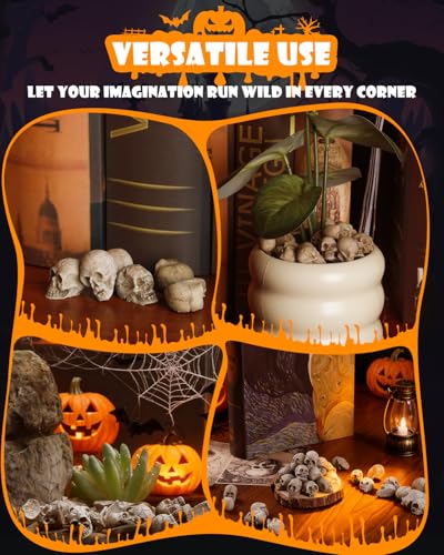 Image of Uniclife 20 Pcs Halloween Mini Skull Decorations, Halloween Fish Tank Decor, Realistic Resin Mini Skulls Figurines for Party Crafts Bar Home, Vase Fillers, Miniature Skeleton Head Table Decor