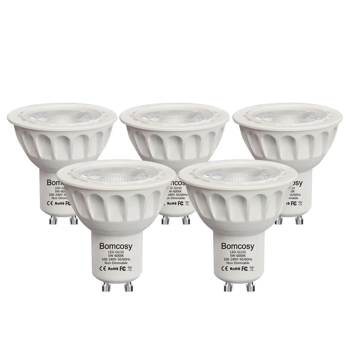 Bomcosy 5 PACK 5W GU10 LED Spot Light, Cold White 6000K LED Bulb, Replacement for 50 W Halogen Spot, CRI>80, 450LM, 35 Degree Beam Angle, Not Dimmable, AC 100-240V [Energy Class A+]