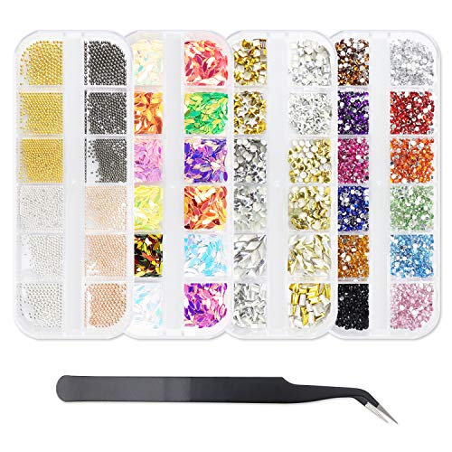Abitzon 4 Boxes (6200pcs) Nail Art Rhinestones Kit, Vikeytim Nail Rhinestones Nail Crystals Nail Studs and Tweezers, Multicolor Nail Studs Horse Eye Rhinestones for Nail Art Decorations Supplies