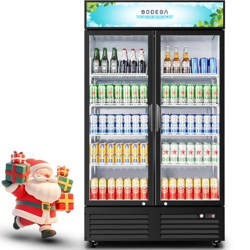 Image of BODEGACOOLER Commercial Merchandiser Refrigerator,2 Glass Door Commercial Beverage Refrigerator, Beverage Display Cooler with Soft LED Light, Adjustable Shelves and 4 Strong Castors, 35.4 Cu. Ft,Black