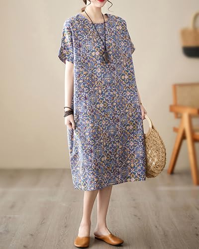 Image of LUZU JUNU Women's Summer Baggy Plus Size Loose Cotton Linen Long Boho Beach Dress with Pockets