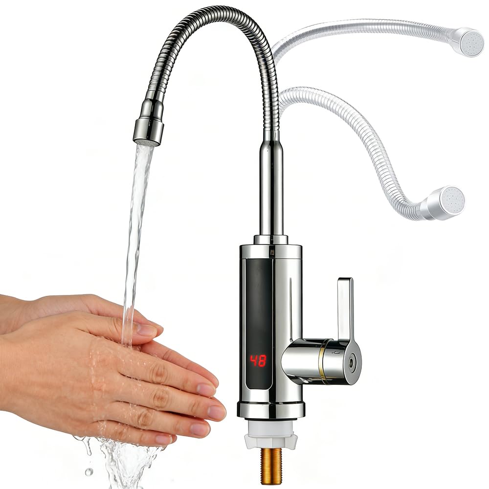 Wasserhahn mit Durchlauferhitzer, 360° Drehbarer LED Elektrische Küchenarmatur mit Durchlauferhitzer, 220V 3000W Heißwasserhahn für Küche Bad Garten Wohwagen