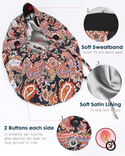 Image of Satin Lined Scrub Cap for Women Extra Large Long Hair Surgical Nurse Cap 4 Buttons