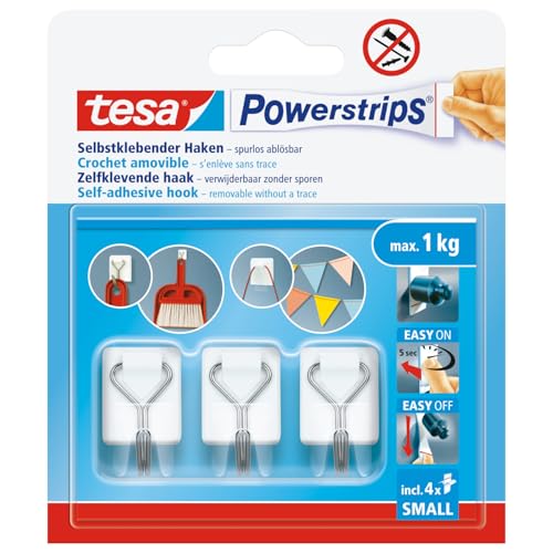 tesa Powerstrips Klebehaken Small - selbstklebende Haken mit abnehmbarem Drahthaken - wiederverwendbare Wandhaken für Bad oder Küche - Montage ohne Bohren - Weiß - 3 x Haken, 4 x Powerstrips