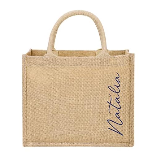 Bolso Yute natural Personalizado con NOMBRE. Bolsa playa, shopper, bolsa compra. Bolsa arpillera gran tamaño. Forro impermeable.7 colores. Modelo CITRALOKA. Hecho en España (MARINO)