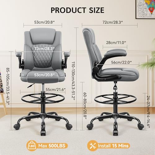 Image of Drafting Chair, Tall Office Chair for Standing Desk, High Executive Leather Ergonomic Computer Chair with Adjustable Height and Flip-Up Armrest for Counter Height Desk, Grey, Pack of 1