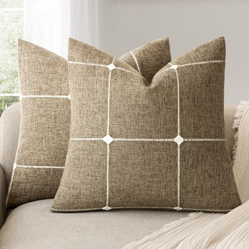 Image of Foindtower Pack of 2 Decorative Faux Linen Jacquard Check Throw Pillow Covers Farmhouse Cushion Cover with Grid Textured Accent Pillowcase for Couch Sofa Living Room Home Decor,22x22 Inch,Tan Khaki