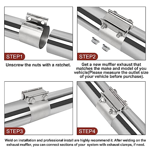 4" Inlet Diesel Exhaust Muffler 7" X 24" Body 30" Whole Length Stainless Steel Welded On Resonator Muffler With 4.0 Inch Exhaust Clamp - Stainless Steel Butt Joint Band Clamp Sleeve Coupler (2Pcs) #TOP4