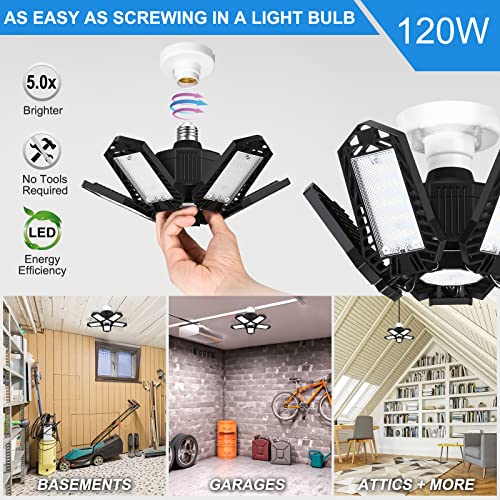 Siicaag 2 Pack Led Garage Lights, 12000Lm Ultra Bright 120W Led Deformable Garage Ceiling Lights, With E26 Screw Socket, 5 Adjustable Panels 6500K Shop Light, Barn Light, Bay Light, Workshop Light #TOP1