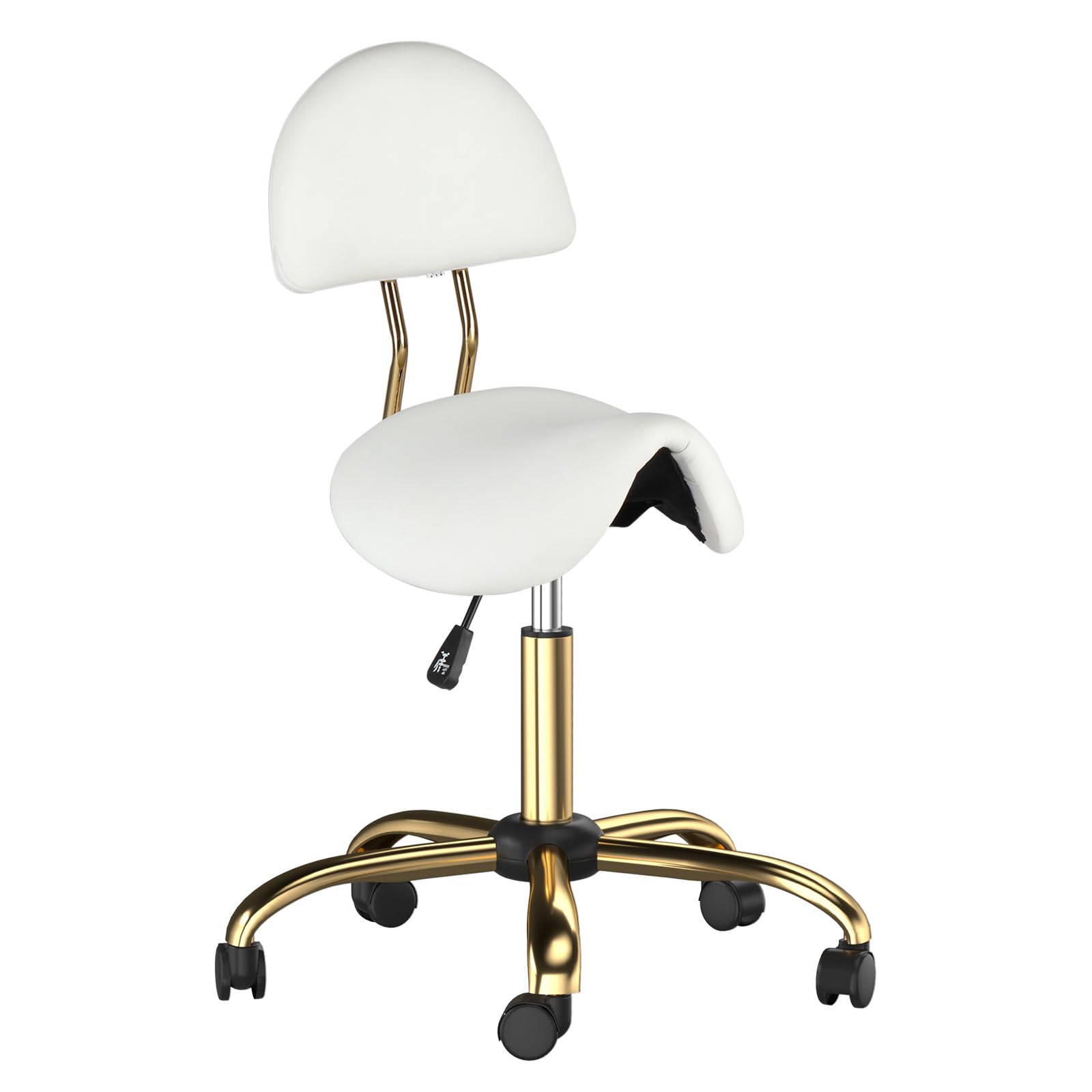 Bonnlo Tabouret de Selle, Tabouret à roulettes Réglable en Hauteur, Tabouret de Bureau Rotation à 360°, Revêtement en PU (Blanc + Or, avec Dossier (66P x 66l x 91H cm))