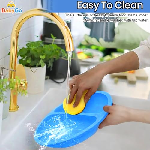 Image of BabyGo Silicone Suction Plate with Spoon for Babies | Microwave, Dishwasher & Freezer Safe | Unbreakable Feeding Plate with 4 Suction Cups for Babies & Toddlers | BPA-Free (Blue)