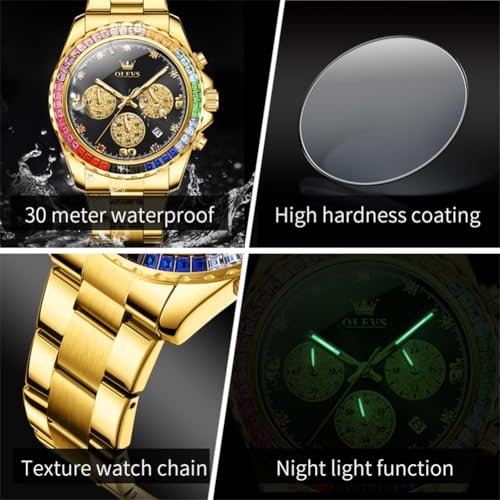 Image of OLEVS Watch for Men Luxury Gold Diamond Chronograph Business Wristwatch with Analog Quartz, Date Calendar, Stainless Steel Band, Luminous Hands, Waterproof