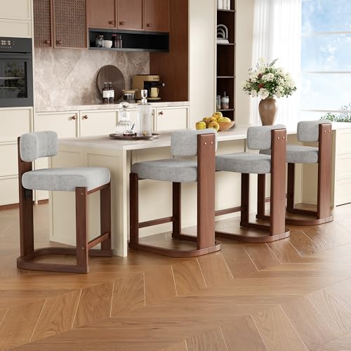 Image of Bar Stools Set of 4, Upholstered Counter Height Bar Stools, Mid Century Modern Counter Stools with Curved Backrest, Solid Wood Legs, 26 inch Bar Chairs for Kitchen Island Bar, Light Grey