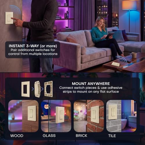 Image of RunLessWire Click for Hue Battery-Free Wireless Switch 3 Pack Light Almond | Dimmable Kinetic Switch Pairs Natively to Philips Hue Bridge, 4 Programmable Buttons to Control Scenes & Areas, 100ft Range