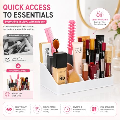 Image of Lazer Plastic Makeup Organizer for Vanity & Bathroom | 16 Compartment Cosmetic Storage Box for Lipsticks, Brushes, Makeup, Skincare & Desk Accessories | White
