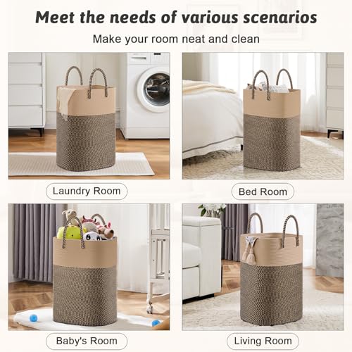 Image of Laundry Basket,Woven Cotton Rope Laundry Hamper,Versatile Storage for Dirty Clothes,Baby Toys,and Blankets in Bathroom, Nursery,and Living Room (Jute, 60L)