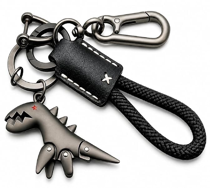 Dinosaur Keychain with Braided Wrist Strap, Aluminum Alloy Metal Key Ring with Carabiner Clip, Leather Accent, Cute Animal Pendant for Keys, Backpack, Handbag, Belt Loop and Gift Use-image-22