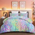 Dreamy Coverless Duvet Set 135 x 200 cm,Color Blocks Leopard Print Microfiber Quilted Lightweight & Machine Washable Multicolor Comforter All Seasons Quilted for Girl's Room
