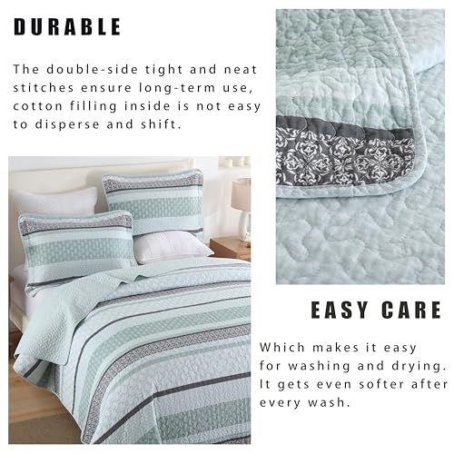 Image of Homzard King Size Quilt,Cotton King Size Comforter Set,Mint Green Grey Bedding Set,Striped Bedspread,Lightweight Summer Comforter Sets 3 Piece