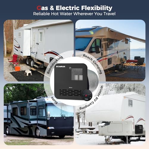 Image of CAMPLUX 6 Gallon RV Water Heater, Gas /Electric /Hybrid, 12,000 BTU, 1440W, Porcelain-Lined Tank with Anode Rod, DSI Ignition, Compatible with Suburban & Dometic, Black