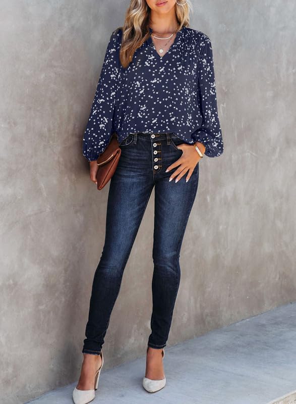Dokotoo Women's Casual V Neck Alicia Floral Print Smocked Long Sleeve Chiffon Blouses Bohemian Top Shirts - Image 5