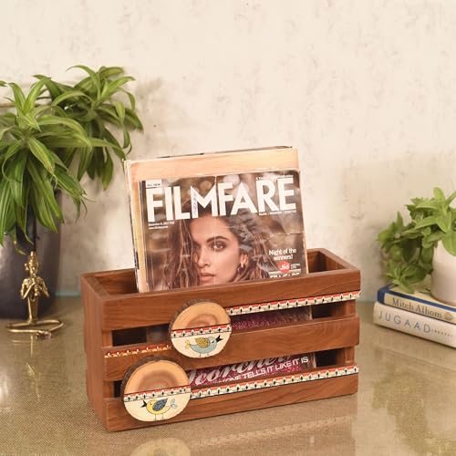 Image of Aakriti Art Creations Floral Art Wooden Magazine Holder | Hand-Painted & Teak Wood Magazine Holder | Magazine Holder & Storage Decor for Hall | Magazine Holder for Bedroom, Living Room, and Entryway