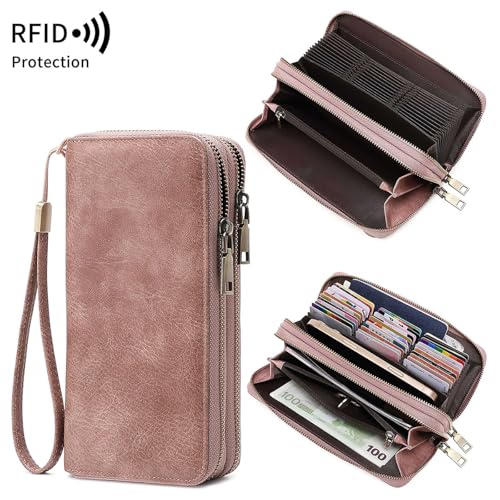 Image of Women Leather Wallet Crossbody Shoulder Bag with Double Zipper and Mobile Phone Purse with Shoulder Strap