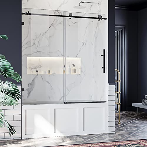 ELEGANT Frameless Sliding Tub Door 60" W x 62" H Sliding Shower Glass Door for Bathtub with 3/8" (10mm) Clear Tempered Glass Bathtub Sliding Shower Doors in Black Finish ELEGANT Frameless Sliding Tub Door 60" W x 62" H Sliding Shower Glass Door for Bathtub with 3/8" (10mm) Clear Tempered Glass Bathtub Sliding Shower Doors in Black Finish