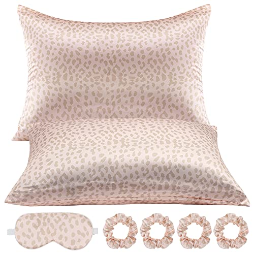 7 Pieces Leopard Print Satin Pillowcase with Hidden Zipper Vegan Silk Satin Pillowcase Leopard Adjustable Satin Eye Mask Silk Scrunchie for Women Hair and Skin Standard Size