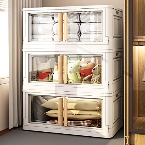 Image of KHNR Storage Bins with Lids,78 Quart Plastic Bins with Lids,Large Closet Organizers, 3 Packs Collapsible Storage Bins with Wheels,Double Door Stackable Bins for Clothes,Home