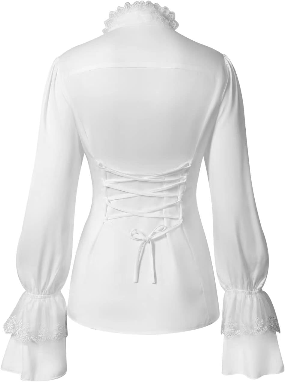 Women's Retro Victorian Lotus Lace Stand Collar Long Sleeve Shirts - Image 3