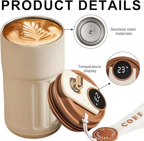 Image of Roslen Coffee Travel Mug with Smart Temperature Display, Double Walled Stainless Steel Tumbler, Vacuum Insulated Coffee Mug Leakproof Lid, Double Walled Reusable Coffee Cup for Hot and Cold (Brown)