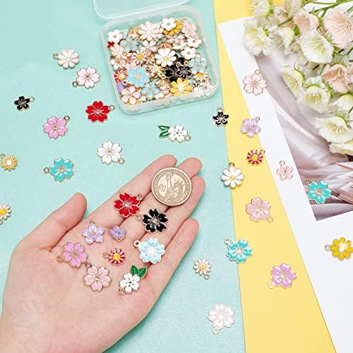 PandaHall 26 Style Enamel Flower Pendants 104pcs Colorful Floral Themed Flower Charms Daisy Cherry Flower Dangle Gold Plated Enamel Charm for Necklace Earring Bracelet Jewellery Making