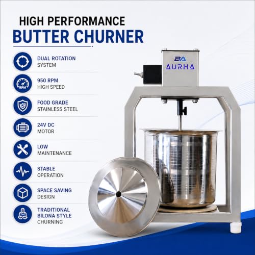 Image of AURHA 8L Stainless Steel Butter Churner Machine | 950 RPM Electric Buttermilk & Butter Maker | Dual Rotation Curd Churning Machine | Traditional Bilona Mixer for Home, Dairy Farm & Commercial Use