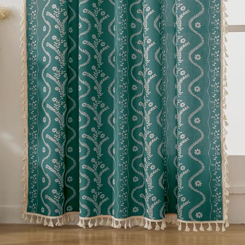 Image of Boho Curtains 72 Inch Long for Living Room, Bedroom, 2 Panels Floral Farmhouse Vintage Tassel Semi Sheer Light Filtering Privacy Window Curtain Drapes with Rod Pocket